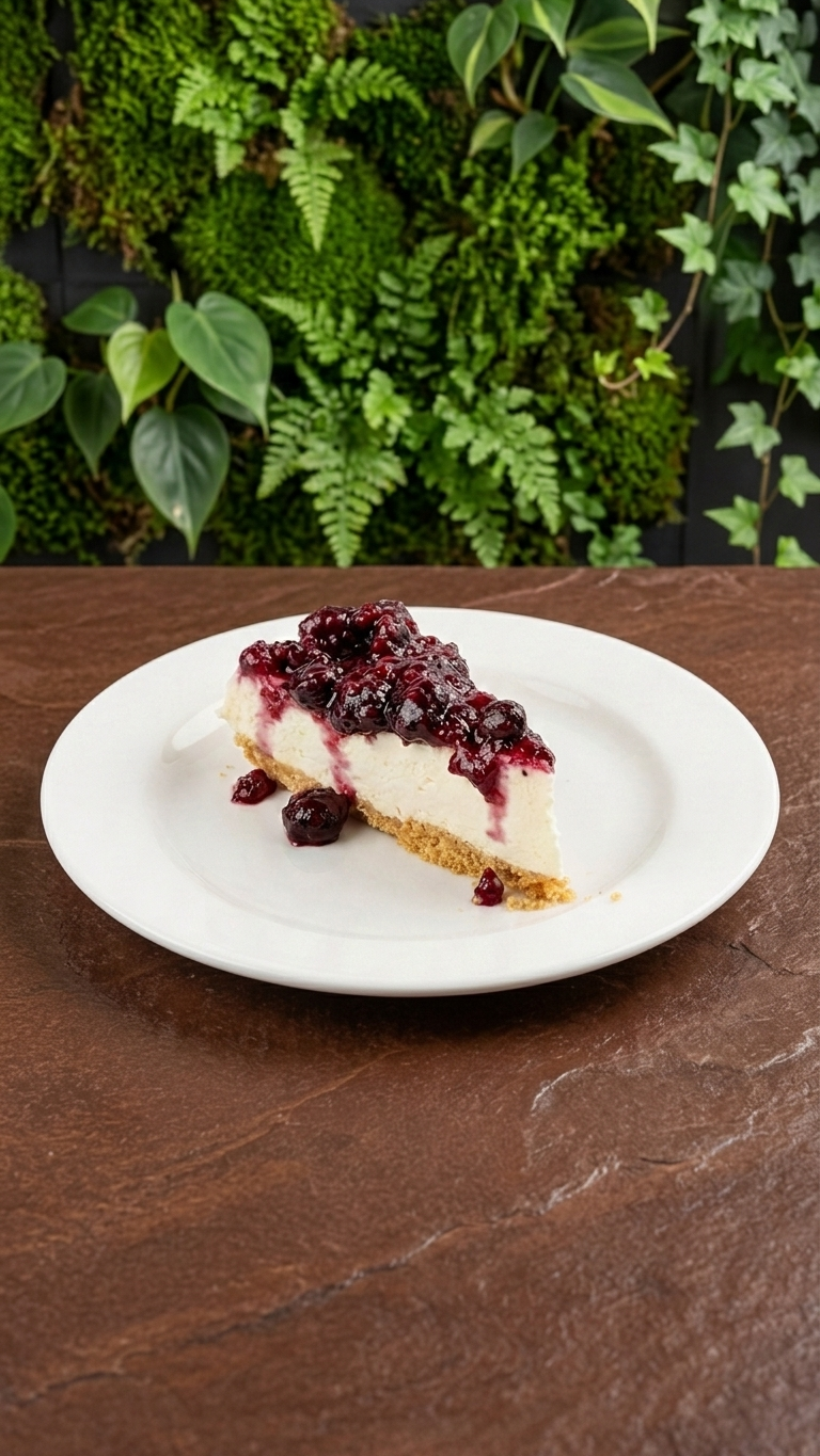 Berry-topped cheesecake on slate
