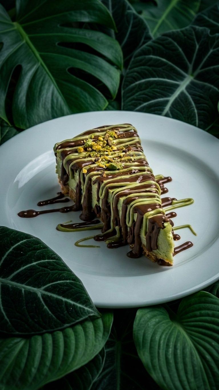 Pistachio chocolate cheesecake on monstera leaves
